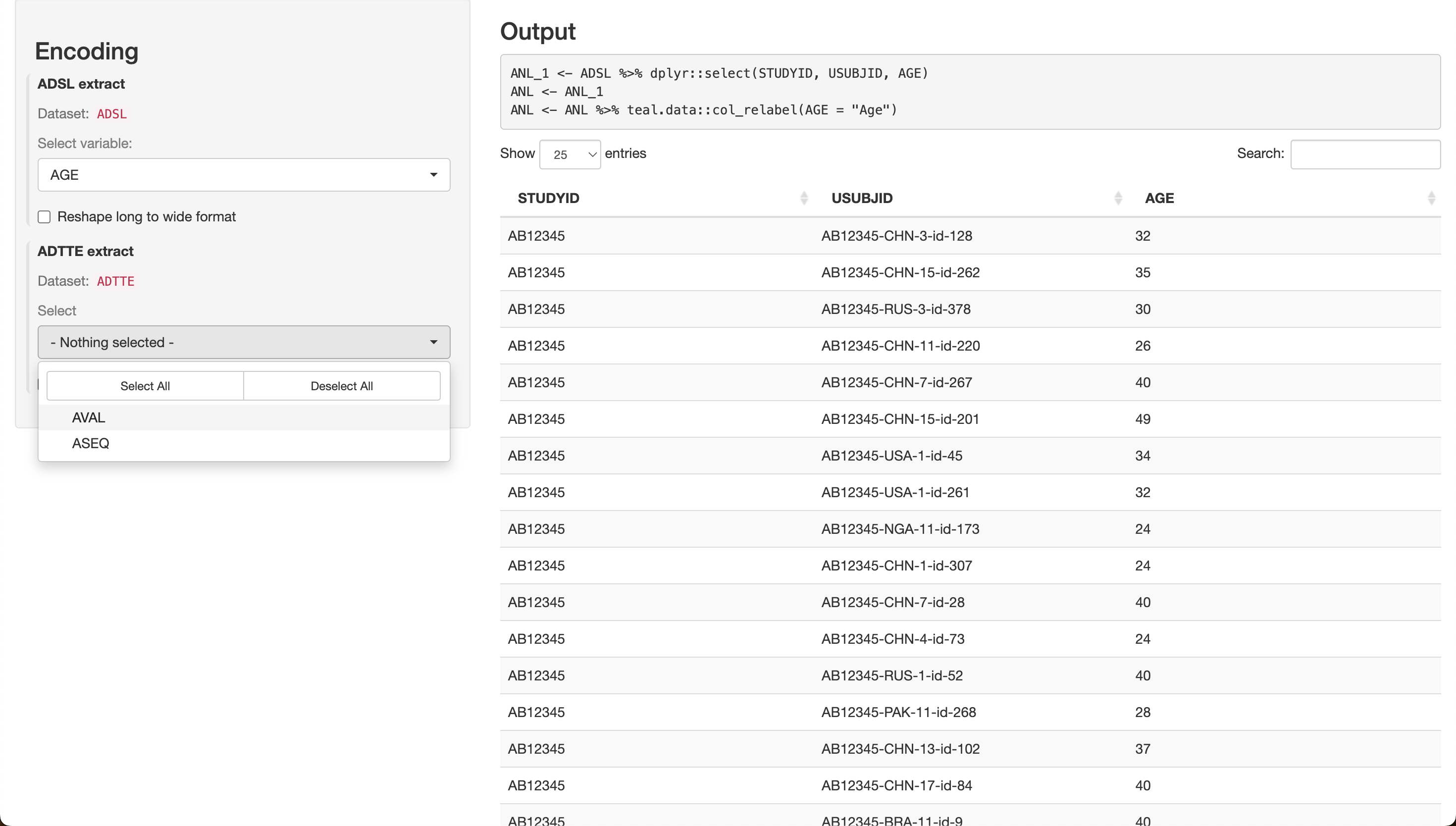 Shiny app output for Data Extract